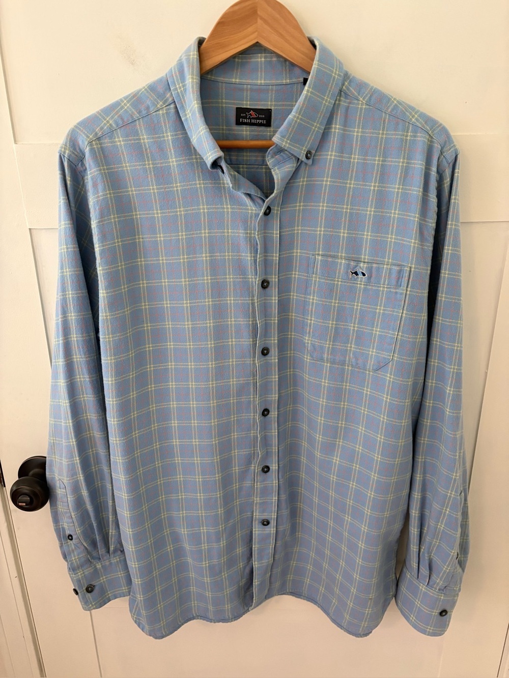 Fish Hippie Cotton Flannel Plaid Shirt. Size Large.